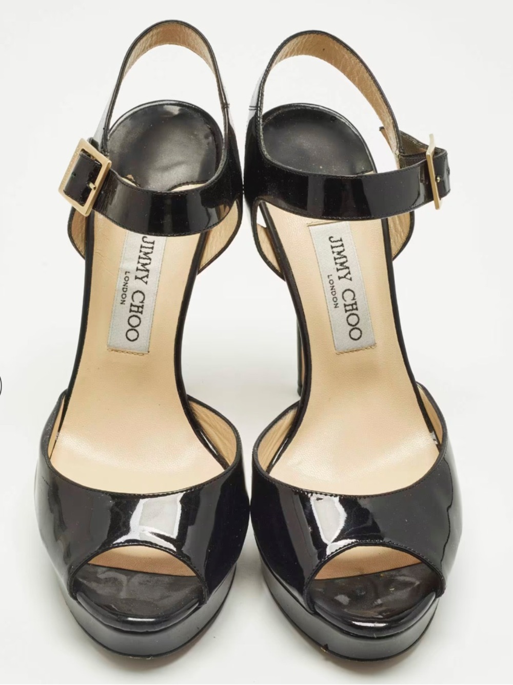 Jimmy Choo Black Patent Leather Peep-Toe Platform Sandals with Gold Buckle